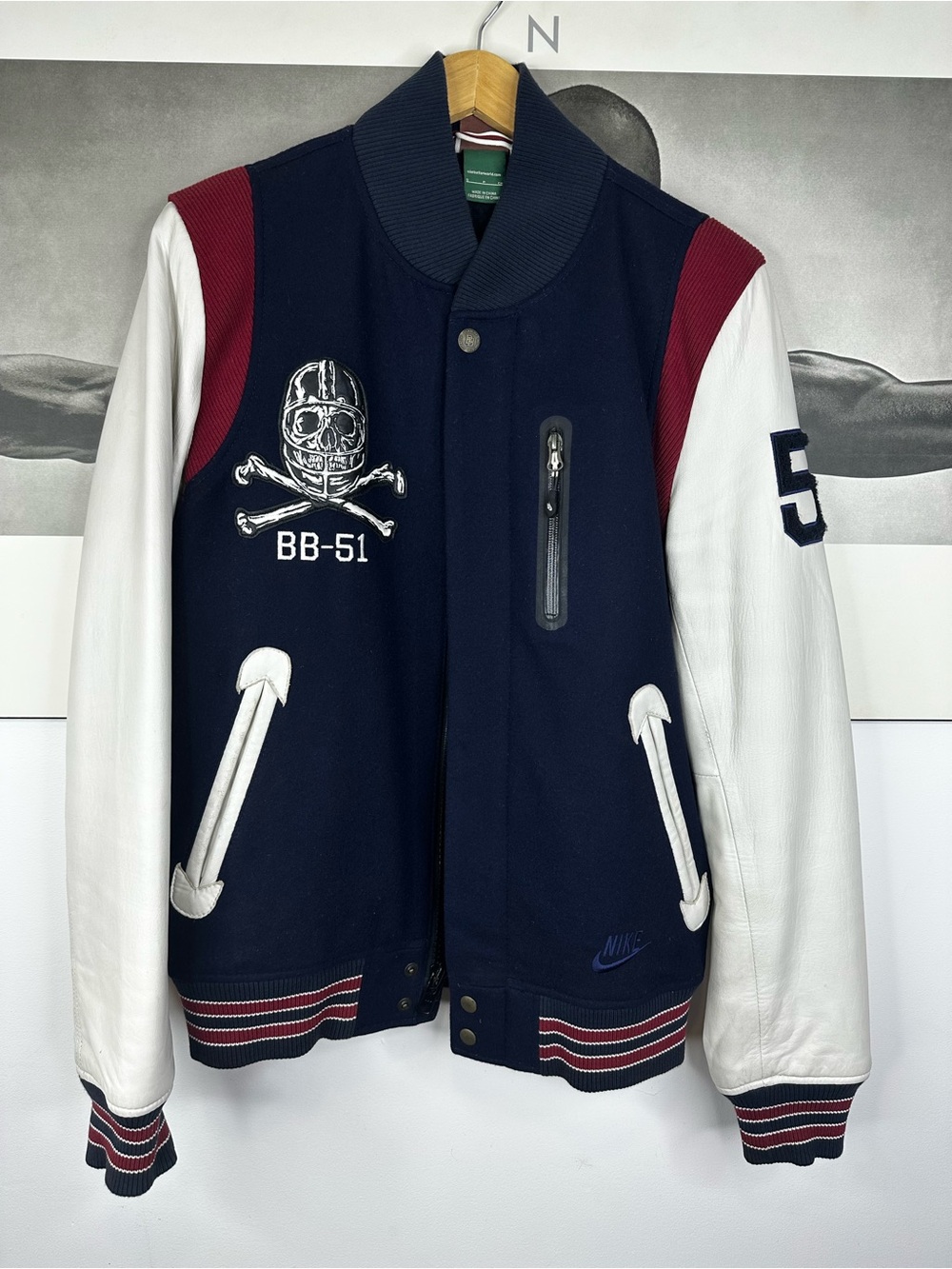 Nike Navy, White & Red Varsity Bomber Jacket with Skull Patch Small